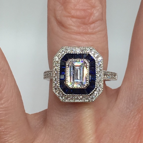 Jewelry - 14k white gold diamond sapphire art deco ring